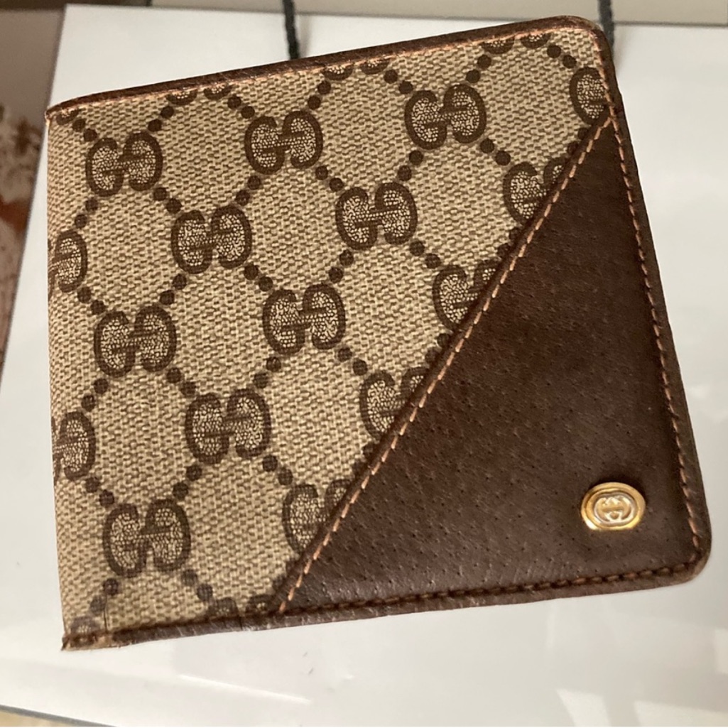 Authentic Vintage Gucci Gg Brown Monogram Coated Canvas X Leather Bifold Wallet